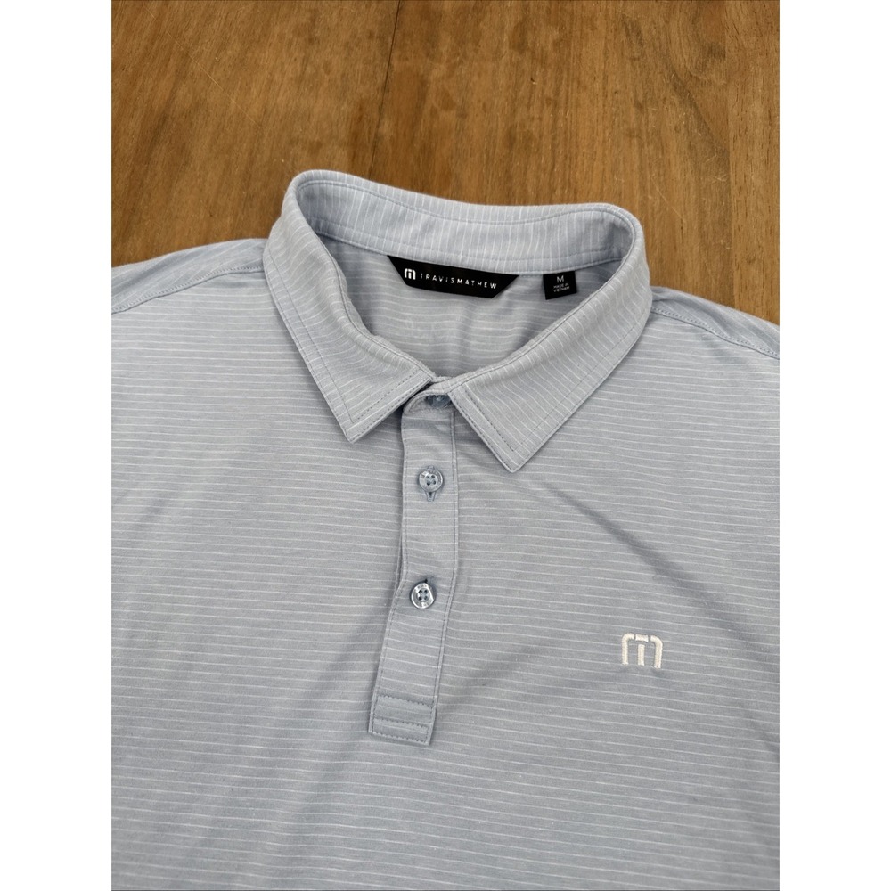 Travis Mathew Short Sleeve Golf Polo Shirt Mens M Blue Striped Cotton Blend